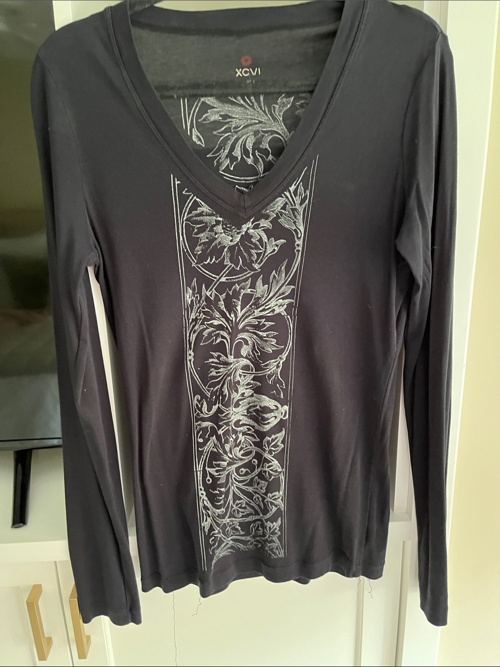 XCVI Black Long-Sleeve V-Neck Top with Vertical Floral Print